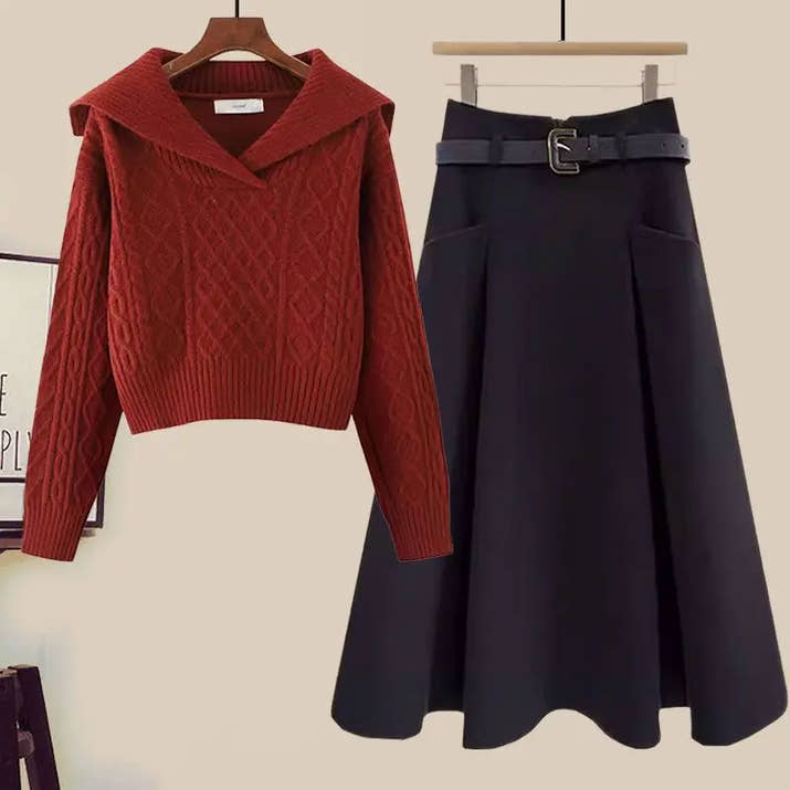 Big Size Women's Autumn Suit New Style Sweater Skirt Two-piece Set Regular Fit Vestidos De Dos Piezas Mujer Elegantes