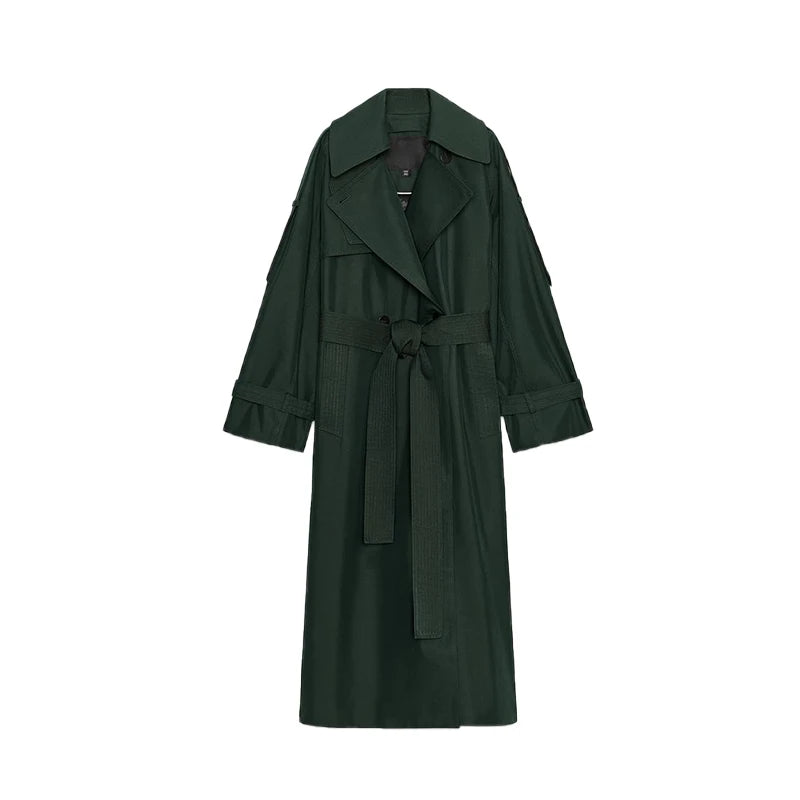 Elegant Lapel Long Windbreakers Women Patchwork Double Breasted Lace Up Oversize Trench Coat 2025 Autumn Street Lady Outerwears
