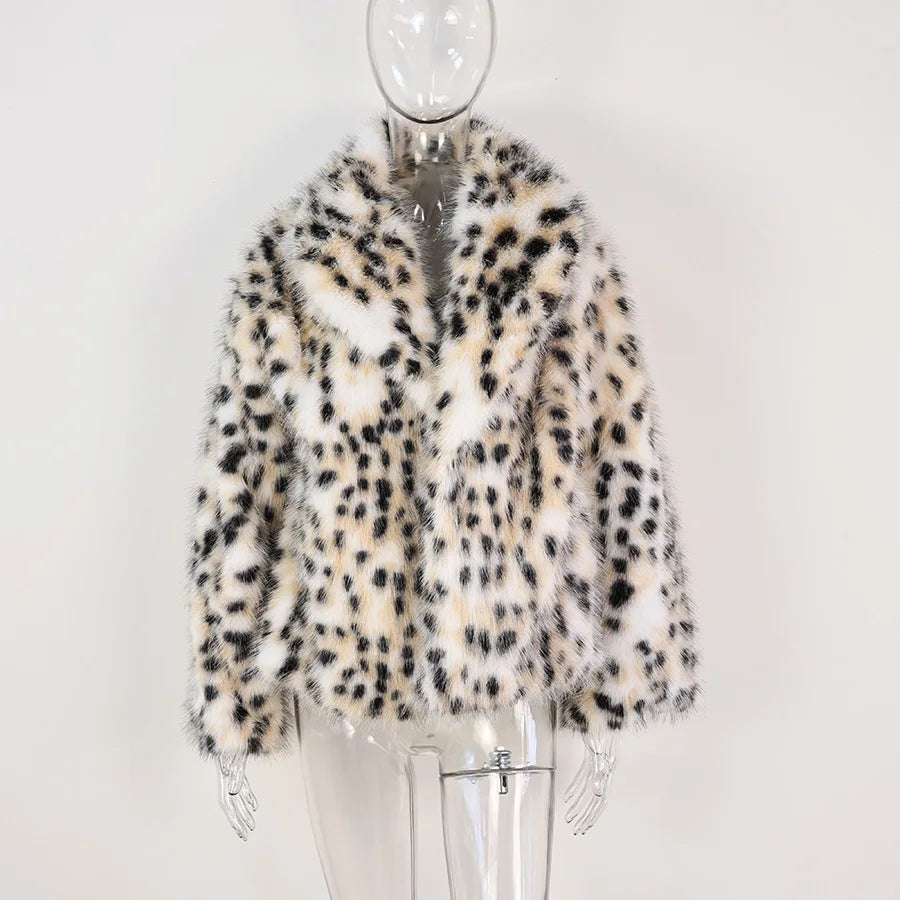 Leopard Print Faux Fur Jacket for Women Winter Thermal Outerwear Chic Long Sleeve Loose Warm Coat 2025 Lady Trendy Urban Outfit