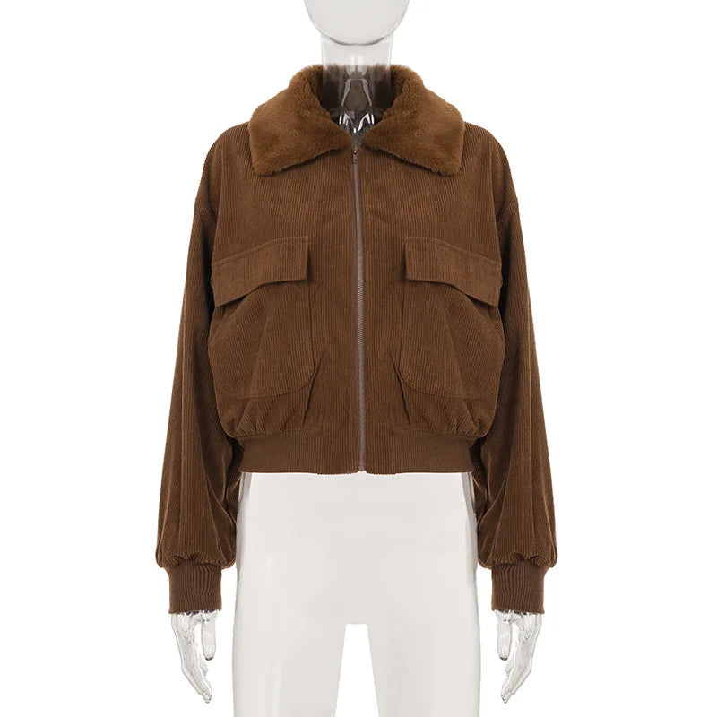 Women Fur Lapel Collar Warm Casual Jackets Vintage Long Sleeve Zipper Pockets Crop Coat 2025 Fall Winter Y2K Clothes