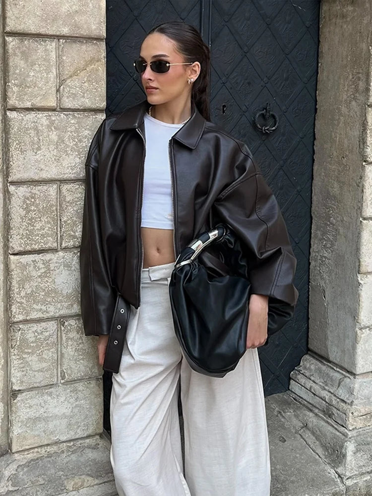 Retro Street Leather Jackets Women Loose Lapel Zipper Long Sleeves Pockets Lace Up Pu Coats Female 2025 Autumn New Chic Outwears