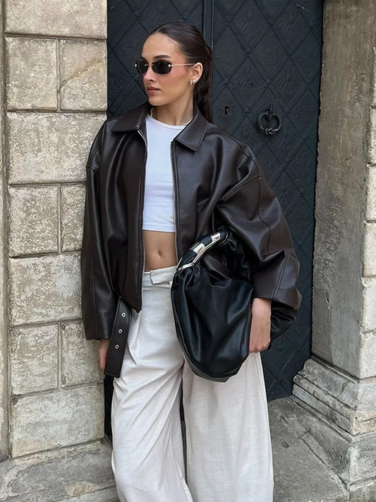 Retro Street Leather Jackets Women Loose Lapel Zipper Long Sleeves Pockets Lace Up Pu Coats Female 2025 Autumn New Chic Outwears