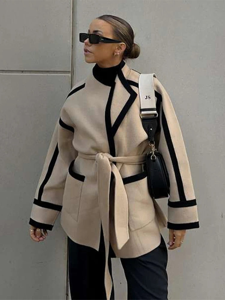 Women's Long Sleeve Thicken Woolen Coat Casual Autumn Jacket with Belt Pockets Spliced Contrast Design for Commuter Outwear