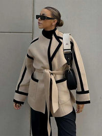 Women's Long Sleeve Thicken Woolen Coat Casual Autumn Jacket with Belt Pockets Spliced Contrast Design for Commuter Outwear