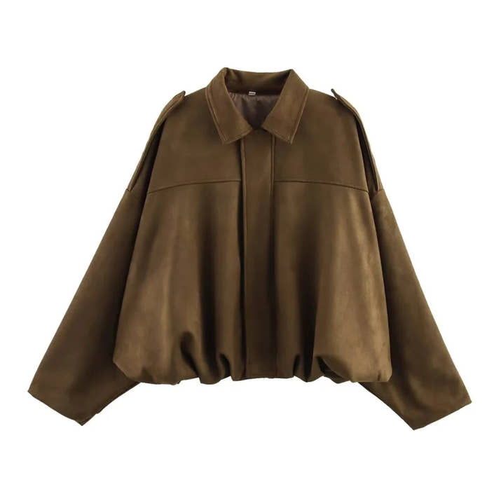 ETJ 2025   new women's suede texture effect Loose version of fashion lapel shoulder bomber jacket