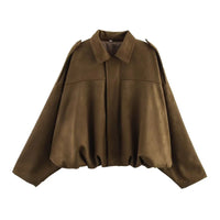 ETJ 2025   new women's suede texture effect Loose version of fashion lapel shoulder bomber jacket