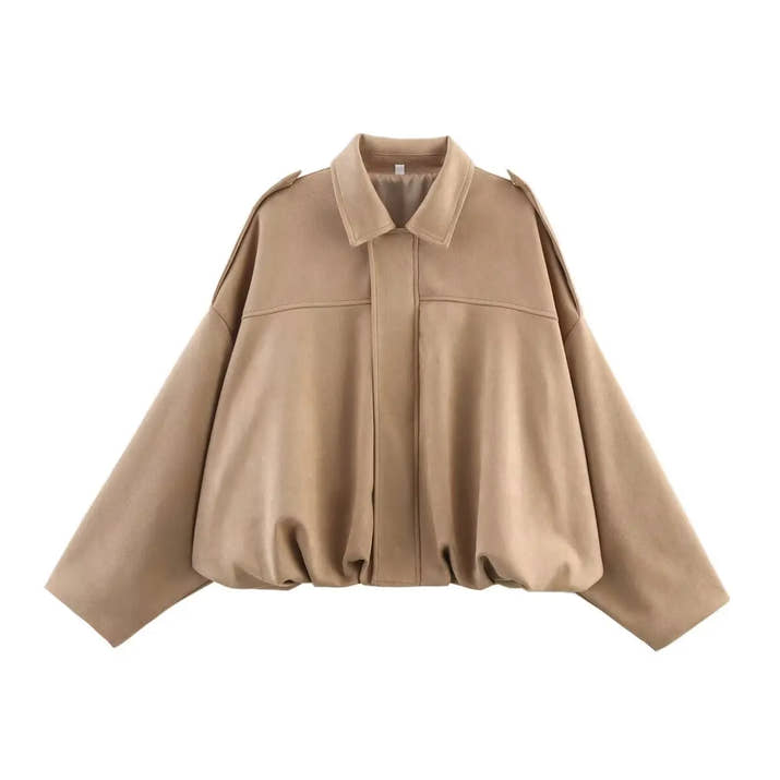 ETJ 2025   new women's suede texture effect Loose version of fashion lapel shoulder bomber jacket