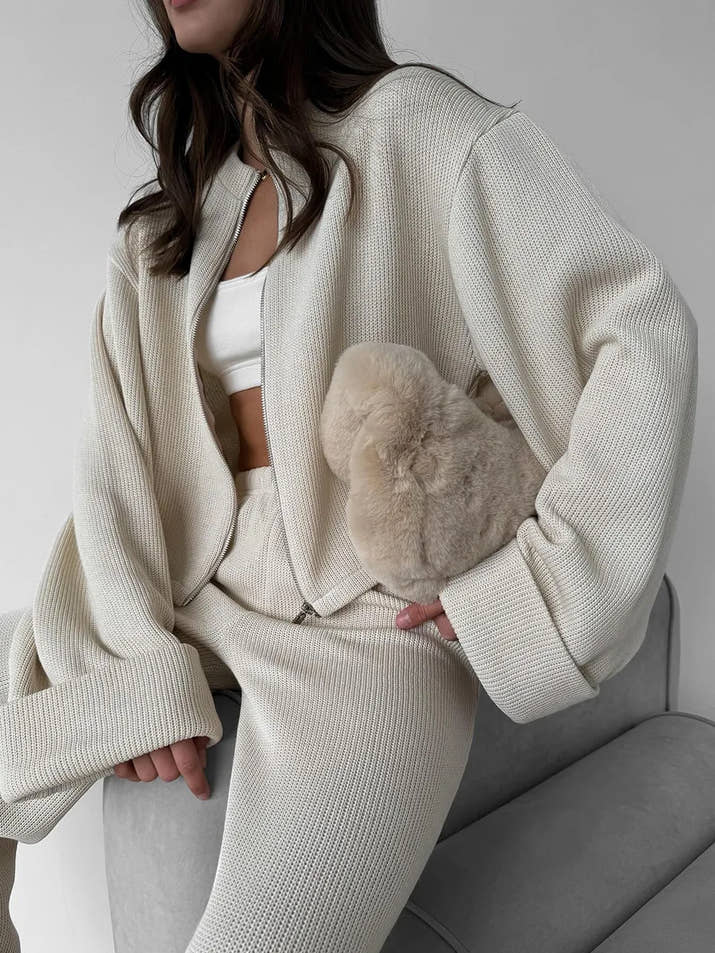 Matching Sets Women Casual Tracksuit Two Pieces Set Loose O Neck Long Sleeves Zipper Cardigan Top Joggers Wide Leg Pants