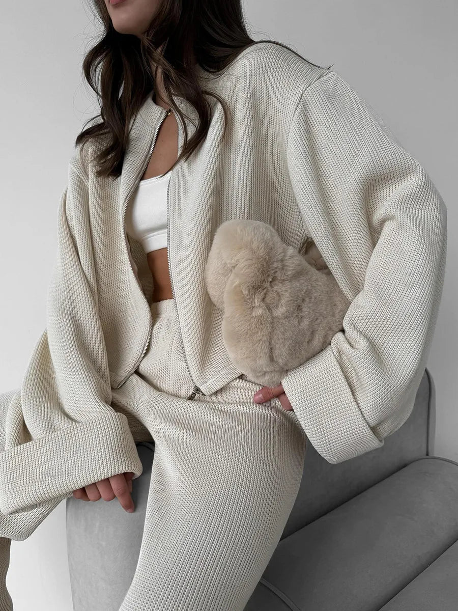 Matching Sets Women Casual Tracksuit Two Pieces Set Loose O Neck Long Sleeves Zipper Cardigan Top Joggers Wide Leg Pants