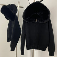 OFTBUY Hooded Oversized Cardigan Women 2025 Autumn Faux Fur Sweater Female Solid Fake Fur Knitting Coat Fashion Loose Knitwear