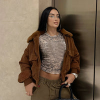Women Fur Lapel Collar Warm Casual Jackets Vintage Long Sleeve Zipper Pockets Crop Coat 2025 Fall Winter Y2K Clothes
