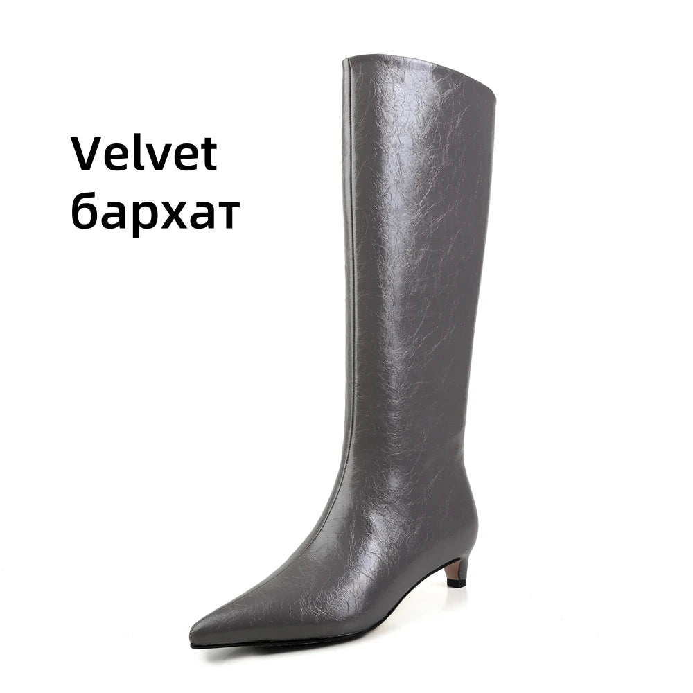 FEDONA Women Knee High Boots Cow Leather Kitten High Heels Long Warm Autumn Winter Knight Boots Female High Pointed Toe Boots
