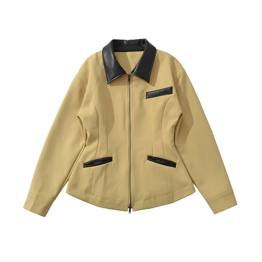 Leather Lapel Collar Double-head Zipper Short Jacket Casual High Street Style Coat 2025 Autumn Fashion Women's Clothing
