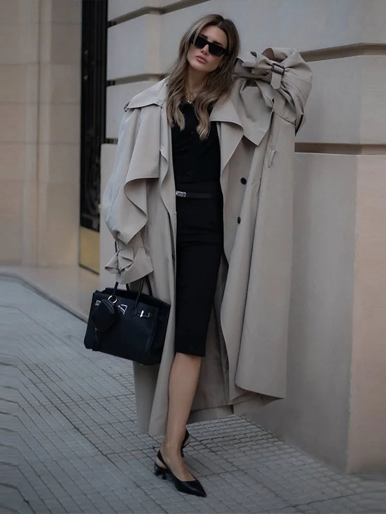 Elegant Lapel Long Windbreakers Women Patchwork Double Breasted Lace Up Oversize Trench Coat 2025 Autumn Street Lady Outerwears