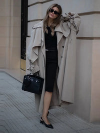 Elegant Lapel Long Windbreakers Women Patchwork Double Breasted Lace Up Oversize Trench Coat 2025 Autumn Street Lady Outerwears