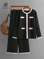 SINGREINY Winter Home Wear Sweater Sets Fashion Loose Long Pullovers+Elastic Long Pants High Quality Knitted Two Pieces Suits