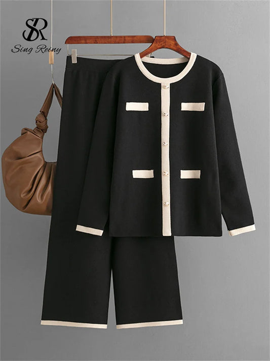 SINGREINY Winter Home Wear Sweater Sets Fashion Loose Long Pullovers+Elastic Long Pants High Quality Knitted Two Pieces Suits