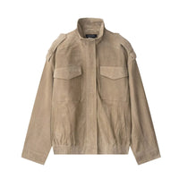 Street Fashion Women's Suede Jacket Loose Khaki Lapel Zipper Long Sleeve Bomber Coat 2025 Autumn Winter New Lady Outwears