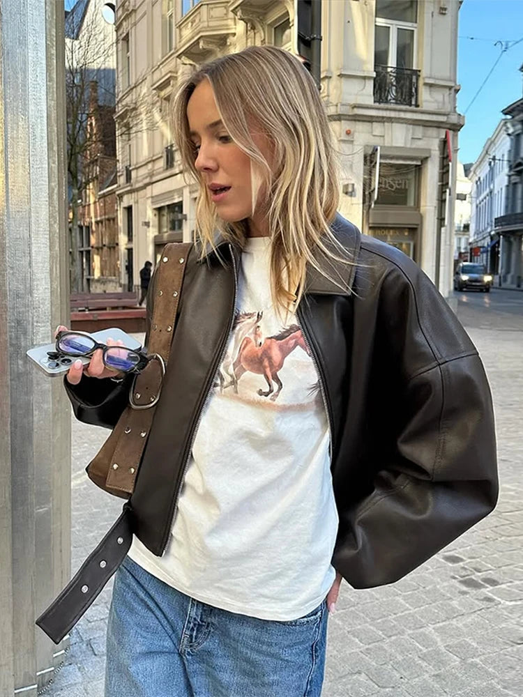 Retro Street Leather Jackets Women Loose Lapel Zipper Long Sleeves Pockets Lace Up Pu Coats Female 2025 Autumn New Chic Outwears
