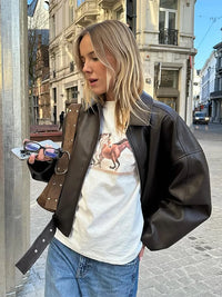 Retro Street Leather Jackets Women Loose Lapel Zipper Long Sleeves Pockets Lace Up Pu Coats Female 2025 Autumn New Chic Outwears