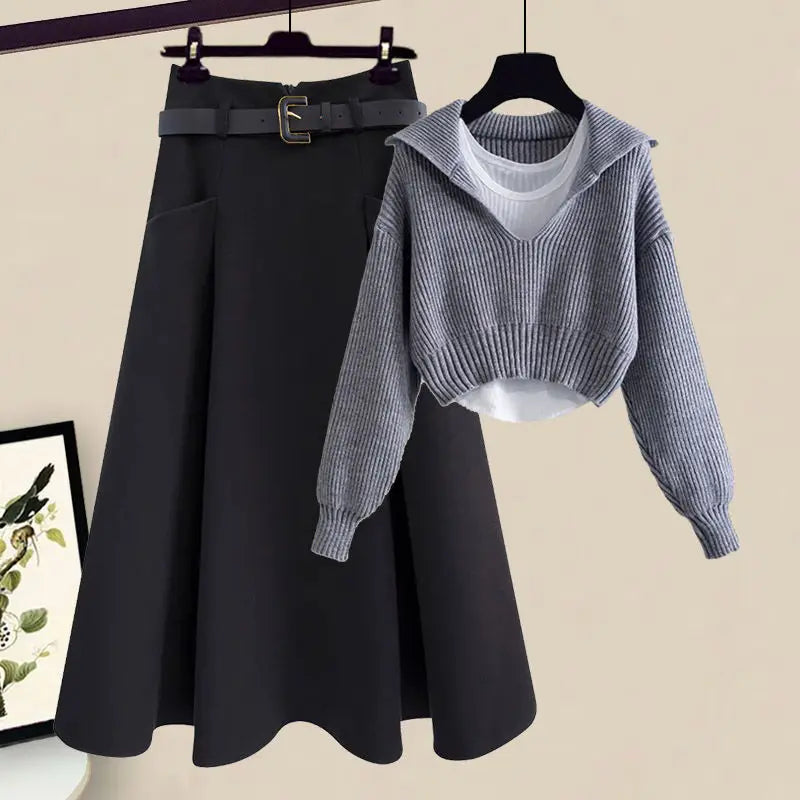 Oversized Women's Autumn Set New Fashion Slim and Versatile Strap Sweater Half Skirt Three Piece Set Fashion