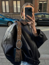 Retro Street Leather Jackets Women Loose Lapel Zipper Long Sleeves Pockets Lace Up Pu Coats Female 2025 Autumn New Chic Outwears