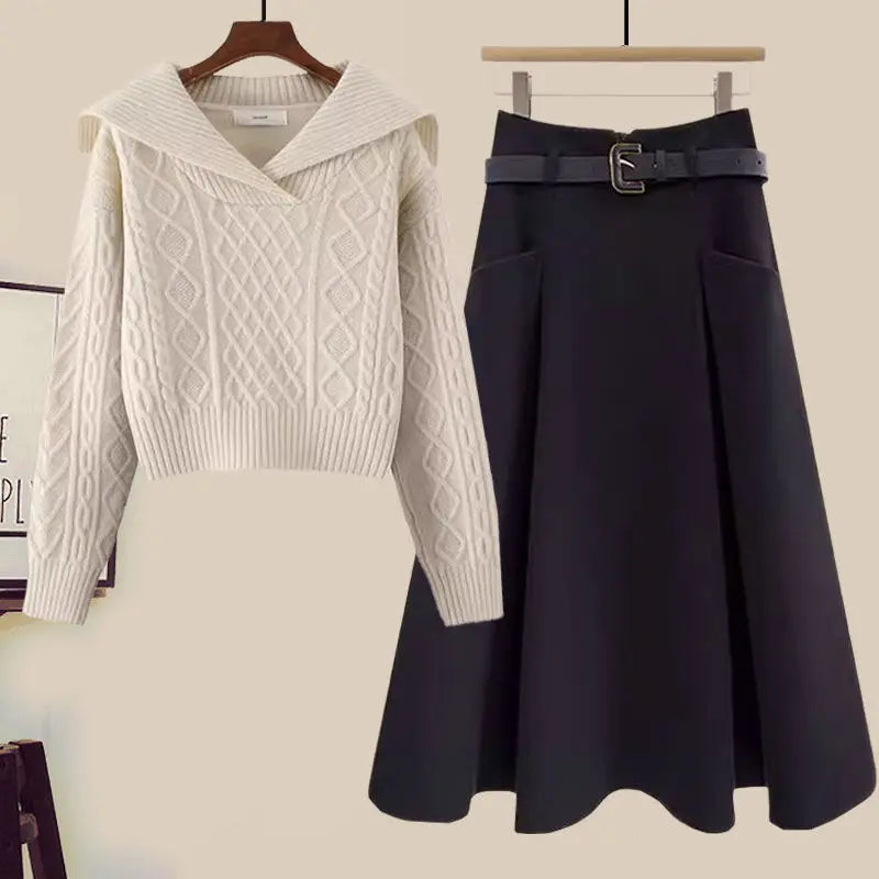 Big Size Women's Autumn Suit New Style Sweater Skirt Two-piece Set Regular Fit Vestidos De Dos Piezas Mujer Elegantes