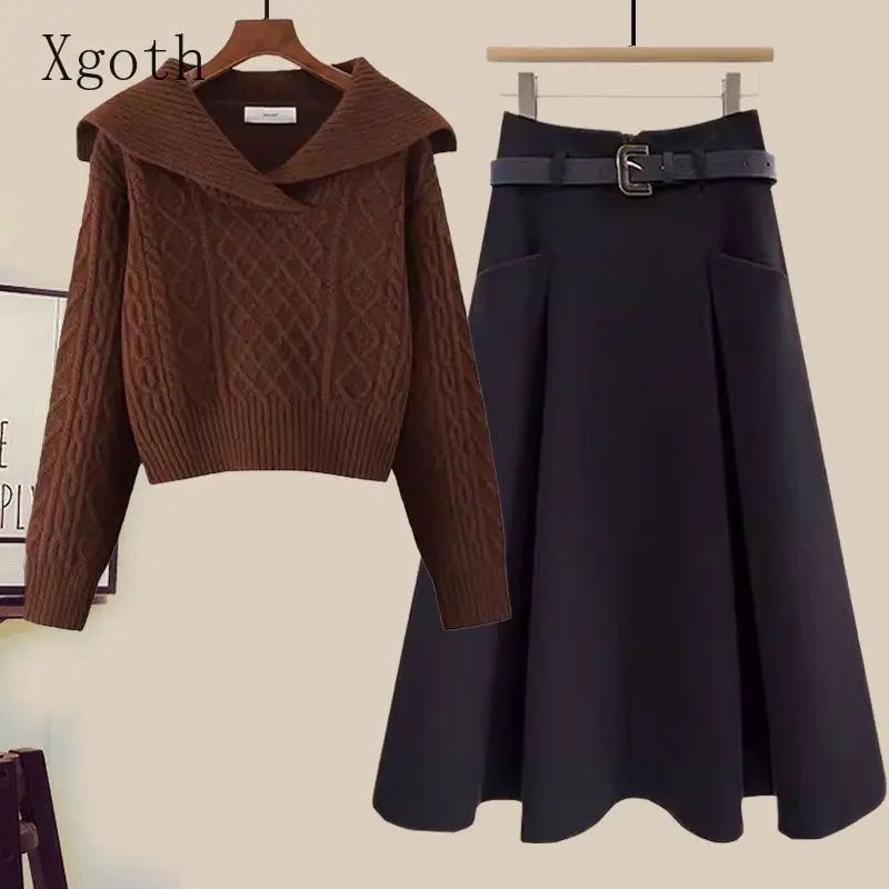 Big Size Women's Autumn Suit New Style Sweater Skirt Two-piece Set Regular Fit Vestidos De Dos Piezas Mujer Elegantes