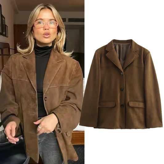 HXAO Women's Jacket Old money Jackets Brown Leather Suede Jacket Coat Vintage Demi-season Jacket Autumn Winter New in Outerwears