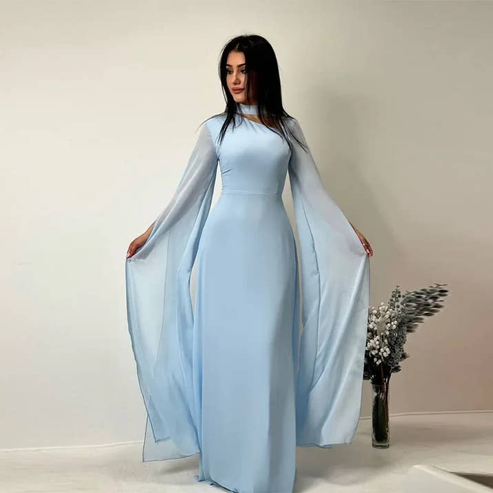 Summer Women's Clothing O-neck Long Sleeve Party Dress Elegant Solid Color Robe Dress Fashion High Waist Slim Evening Dress