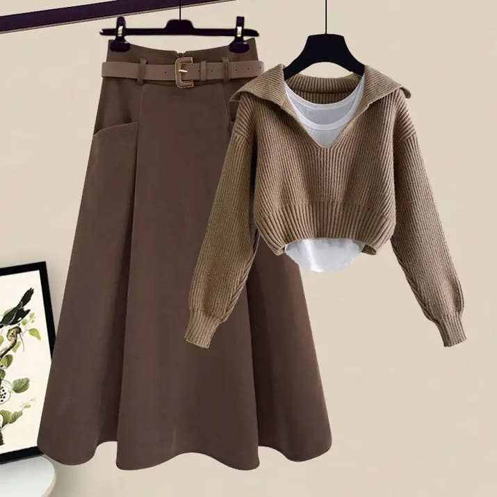 Oversized Women's Autumn Set New Fashion Slim and Versatile Strap Sweater Half Skirt Three Piece Set Fashion