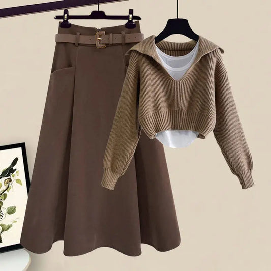 Oversized Women's Autumn Set New Fashion Slim and Versatile Strap Sweater Half Skirt Three Piece Set Fashion