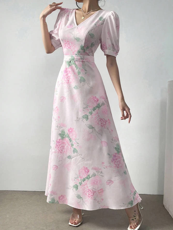 Rafiah Women's Summer Pink Floral Print V-Neck Short Sleeve Maxi Dress 2025 Puffed Sleeves Ruffled Hem Casual Elegant Wear