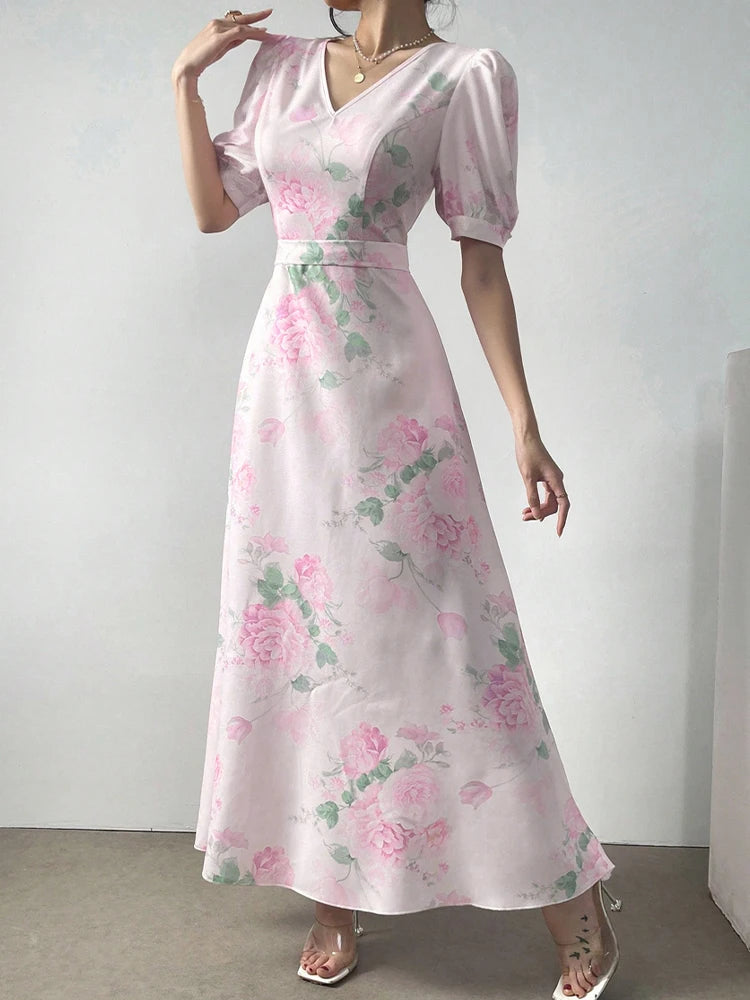 Rafiah Women's Summer Pink Floral Print V-Neck Short Sleeve Maxi Dress 2025 Puffed Sleeves Ruffled Hem Casual Elegant Wear