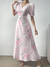 Rafiah Women's Summer Pink Floral Print V-Neck Short Sleeve Maxi Dress 2025 Puffed Sleeves Ruffled Hem Casual Elegant Wear