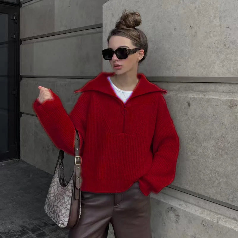 2025 Autumn/Winter Fashion Casual Solid Color Warm Fashion Knitted Women's Zipper Collar Sweater