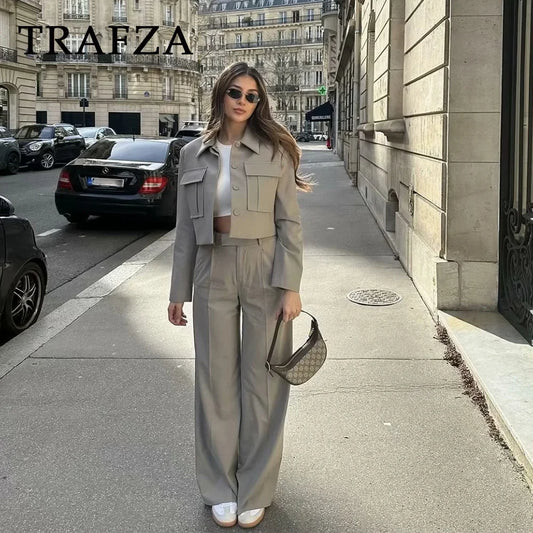 TRAFZA 2025 Fall Winter Women Clothes Green Fashion Streetwear Going Out Outfits Turn-down Collar Jackets Straight Basic Pants