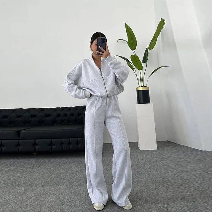 Tracksuit Suits Women's Sportswear 2-piece Retro Zipper Bomber Jacket Sweatshirt High-waisted Women's Loose Velvet Pants Suit