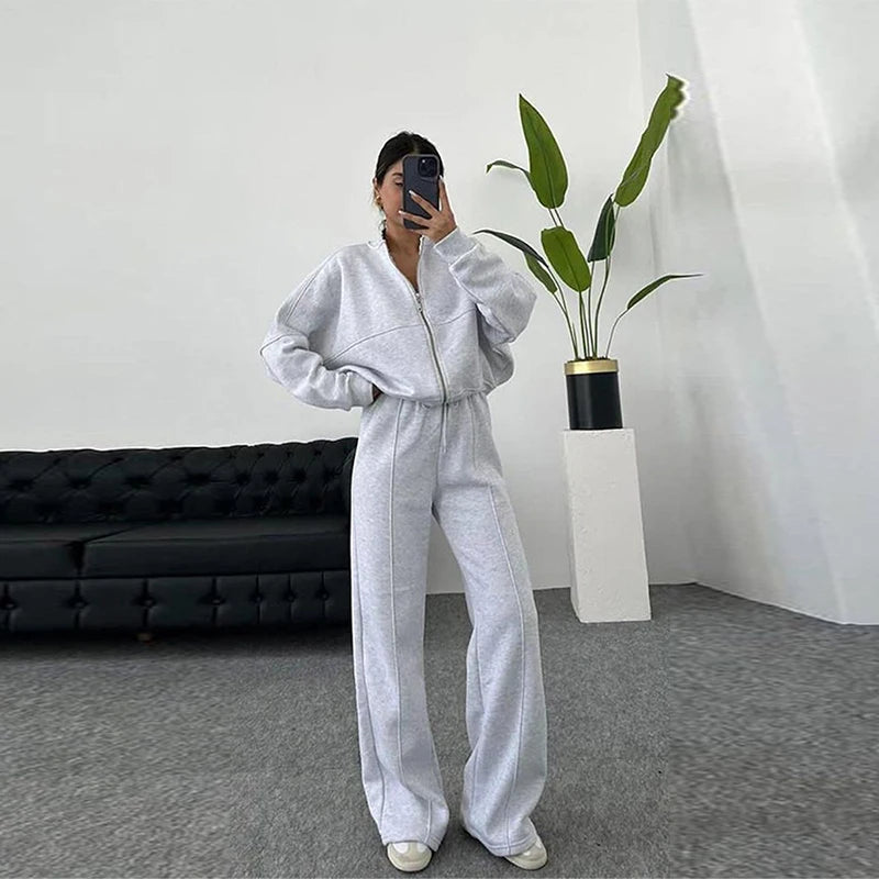 Tracksuit Suits Women's Sportswear 2-piece Retro Zipper Bomber Jacket Sweatshirt High-waisted Women's Loose Velvet Pants Suit