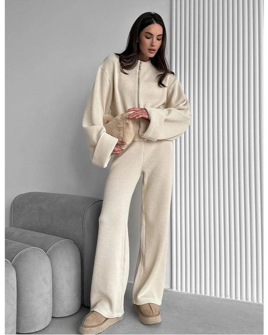 Matching Sets Women Casual Tracksuit Two Pieces Set Loose O Neck Long Sleeves Zipper Cardigan Top Joggers Wide Leg Pants