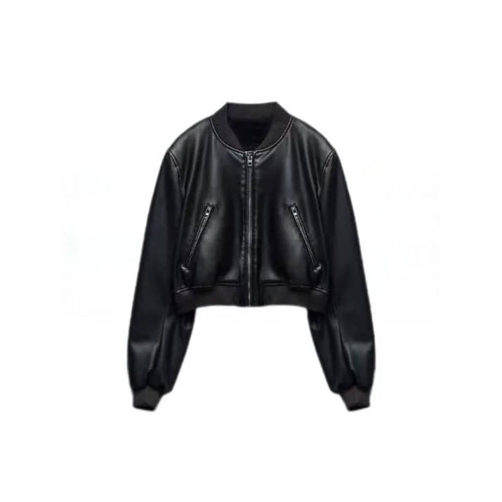 ZBZA Women's PU Leather Jacket Coat Solid Long Sleeves Crew Neck Zipper Pocket Bomber Short Outerwear Fall Winter New Female Top