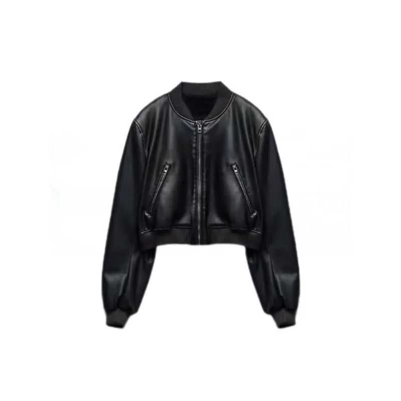 ZBZA Women's PU Leather Jacket Coat Solid Long Sleeves Crew Neck Zipper Pocket Bomber Short Outerwear Fall Winter New Female Top