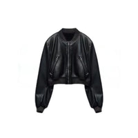 ZBZA Women's PU Leather Jacket Coat Solid Long Sleeves Crew Neck Zipper Pocket Bomber Short Outerwear Fall Winter New Female Top
