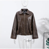 Vintage PU Leather Bomber Jackets 2025 Autumn New Ladies Zipper Lapel Long Sleeve Pocket Coat With Belt Women's Loose Streetwear