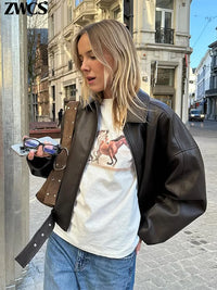 Vintage PU Leather Bomber Jackets 2025 Autumn New Ladies Zipper Lapel Long Sleeve Pocket Coat With Belt Women's Loose Streetwear