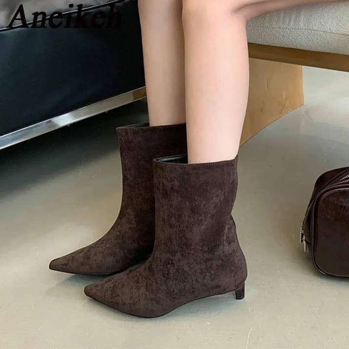 Aneikeh Sexy Women Pointed Toe Vintage Ankle Boots Thin Low Heel Warm Knight Boots Fashion Slip on Party Wedding Shoes Woman