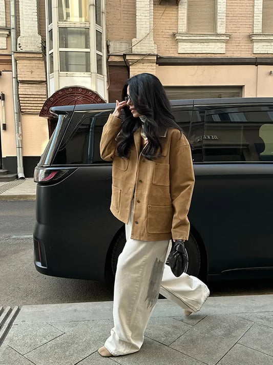 Single Breasted Pocket Khaki Suede Coats Women Fashion Full Sleeve Lapel Loose Jacket 2025 Lady New Daily Commuting Outerwears
