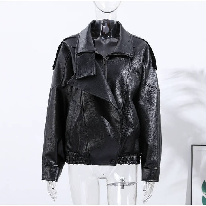 Vintage PU Leather Bomber Jackets 2025 Autumn New Ladies Zipper Lapel Long Sleeve Pocket Coat With Belt Women's Loose Streetwear