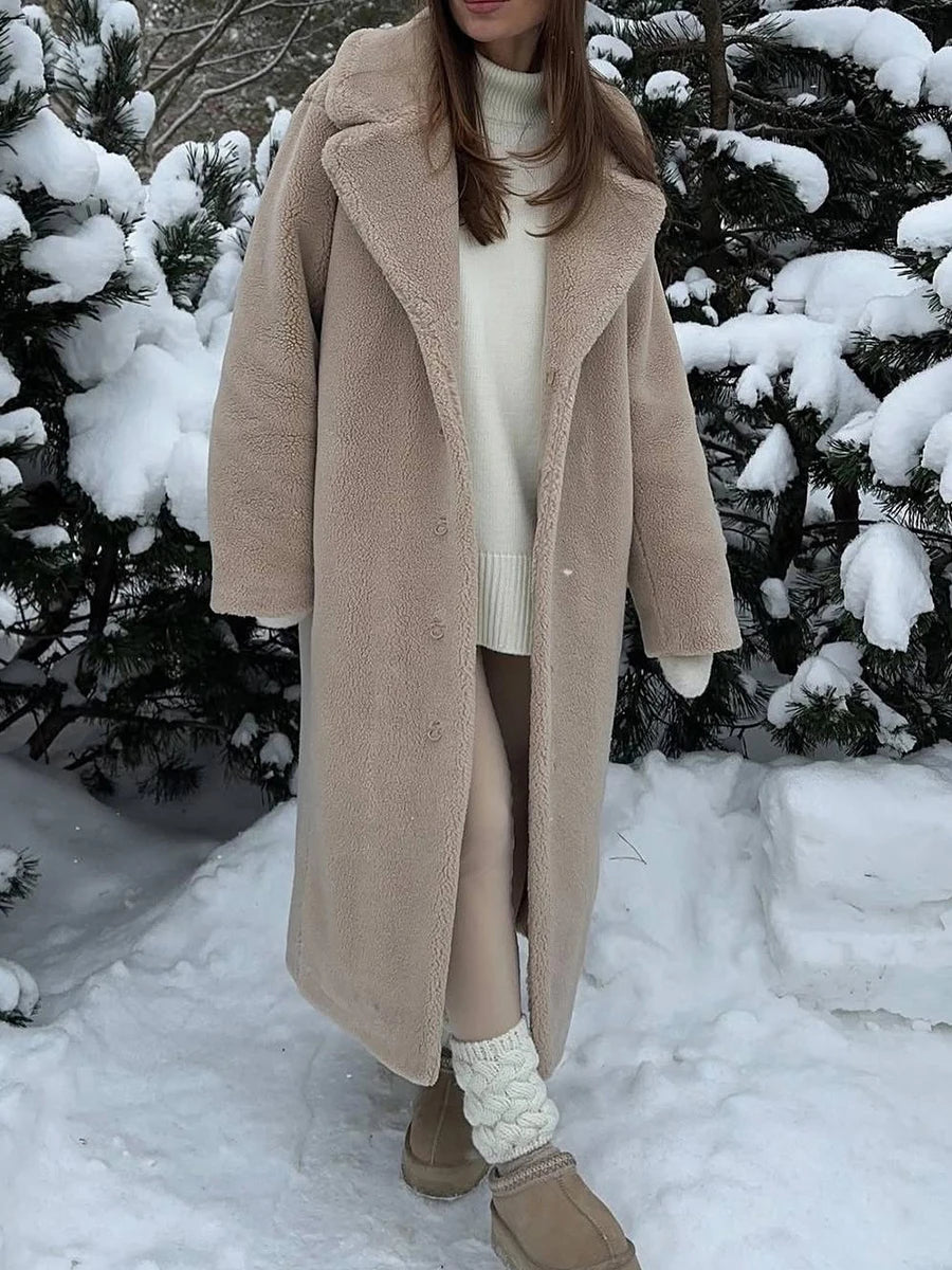 Women Long Coat Turn Down Collar Full Sleeve Thick Warm Y2k Streetwear Elegant Jackets Open Stith Autumn Winter 2025