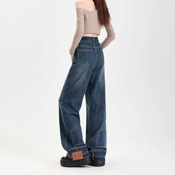 FINEWORDS Vintage Unique Design High Waist Wide Leg Jeans Streetwear Loose Jeans Easymatch Korean Full Length Denim Pants